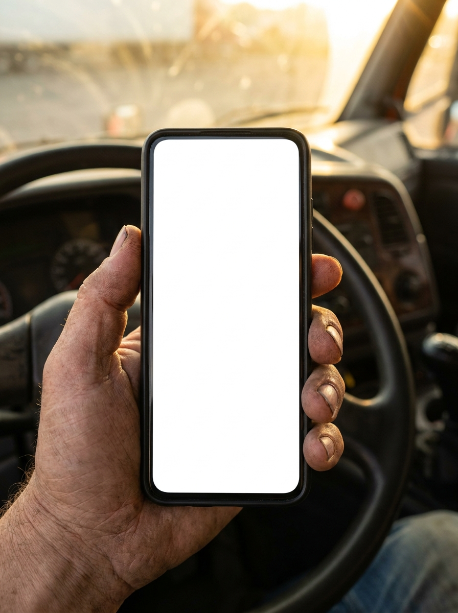 A driver's hand holding a phone running the FLEETBAQ Driver app