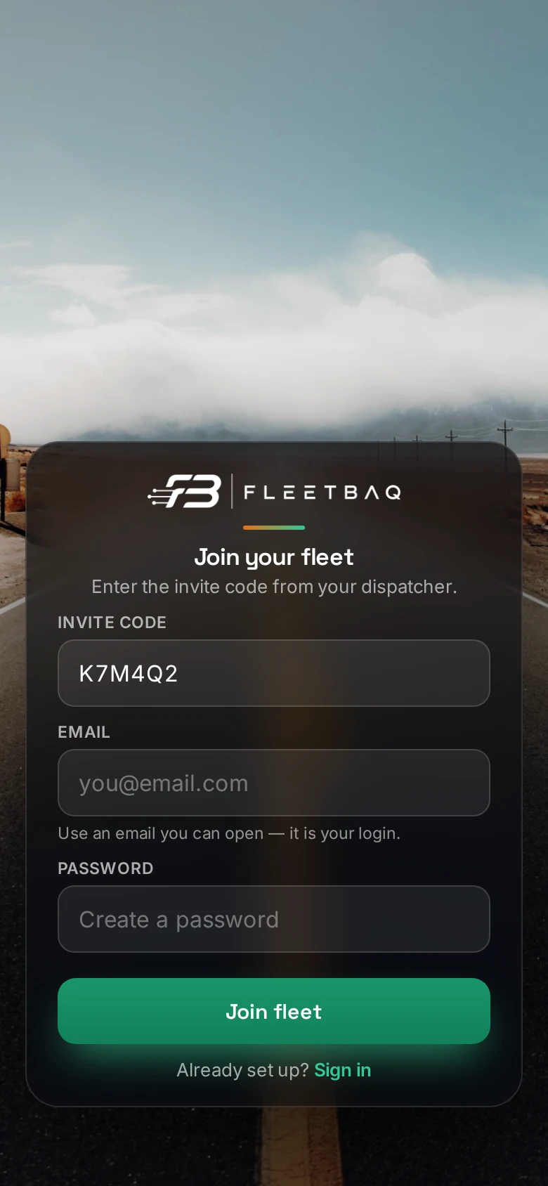 FLEETBAQ, Join your fleet: the invite code K7M4Q2 already filled in, fields for email and password, and the Join fleet button
